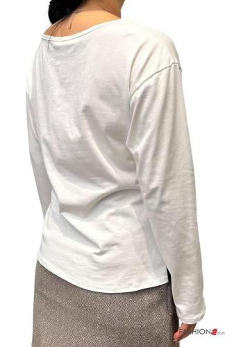 asymmetrical crew neck lace trim Cotton Long sleeved top - ph 2