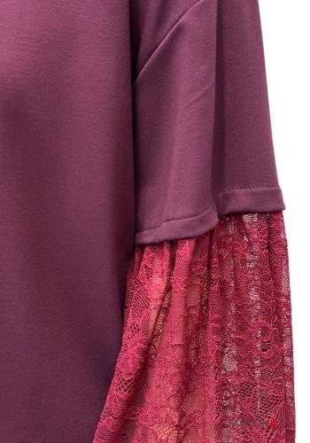 crew neck long sleeve puff sleeve lace trim Blouse - ph 2