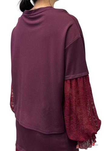 crew neck long sleeve puff sleeve lace trim Blouse - ph 3