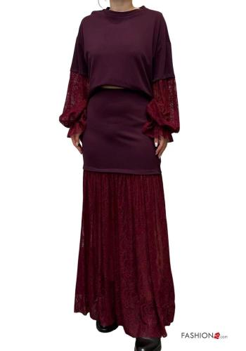 crew neck long sleeve puff sleeve lace trim Blouse - ph 4