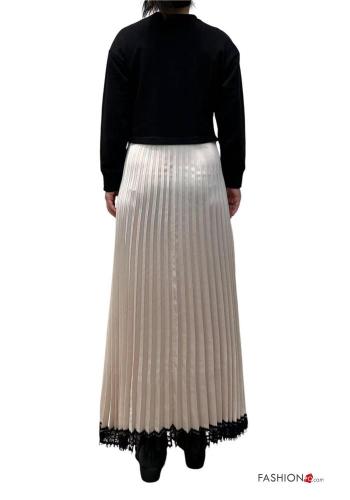 satin crew neck long sleeve lace trim pleated Cotton Dress - ph 3