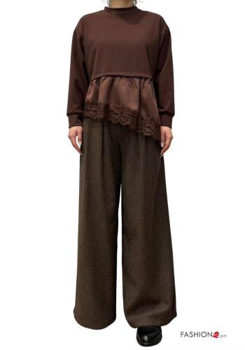 satin crew neck asymmetrical lace trim Long sleeved top - ph 2