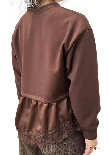 satin crew neck asymmetrical lace trim Long sleeved top - ph 4