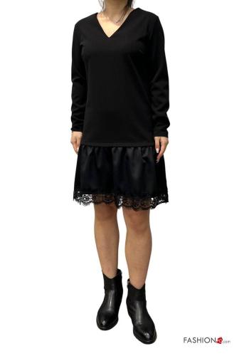 lace trim long sleeve satin Dress with v-neck - ph 2