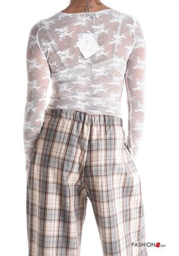 Embroidered lace trim crew neck Long sleeved top - ph 2