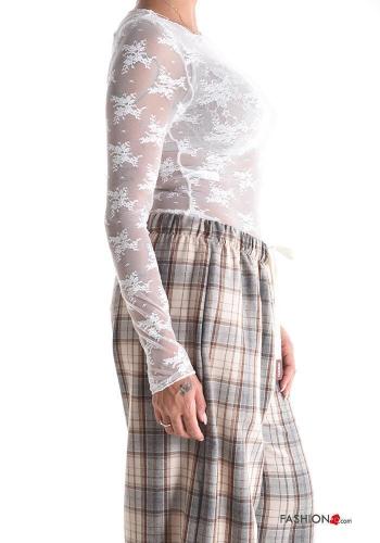 Embroidered lace trim crew neck Long sleeved top - ph 3