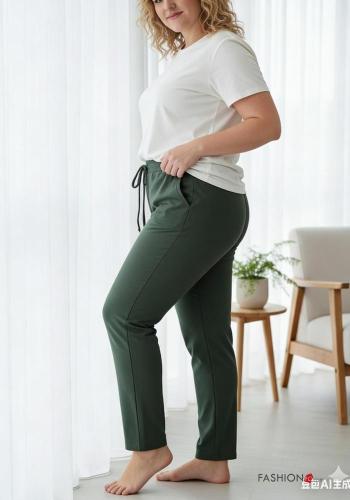 Oversize lange Hose aus Baumwolle mit Taschen mit gummizug mit knoten - ph 2