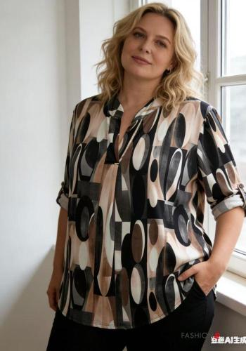 Camicia maniche lunghe Fantasia geometrica con bottoni scollo a V - ph 2