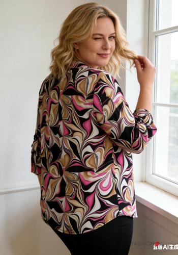 Camicia maniche lunghe Fantasia geometrica con bottoni scollo a V - ph 2