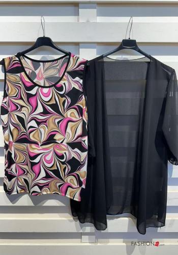T-shirt chiffon maniche corte girocollo Fantasia artistica con canotta - ph 2