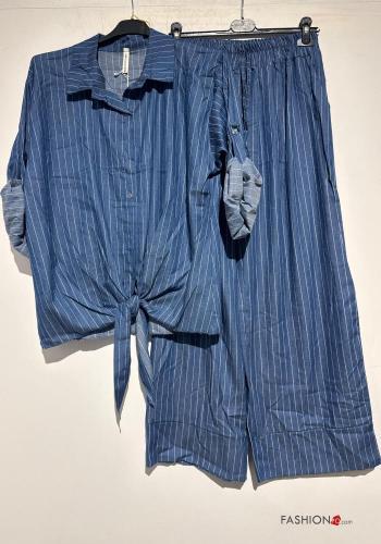 Ensemble coordonné en Coton wide leg à collet Imprimé à rayures avec poches avec élastique à boutons - ph 2