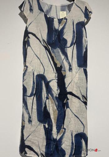 Abstrakte Muster kurze ärmel u-boot ausschnitt Kleid aus Leinen - ph 2