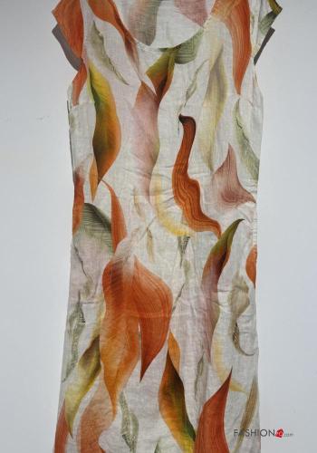 Abstrakte Muster kurze ärmel u-boot ausschnitt Kleid aus Leinen - ph 2