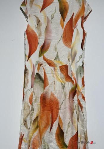 Abstrakte Muster kurze ärmel u-boot ausschnitt Kleid aus Leinen - ph 3