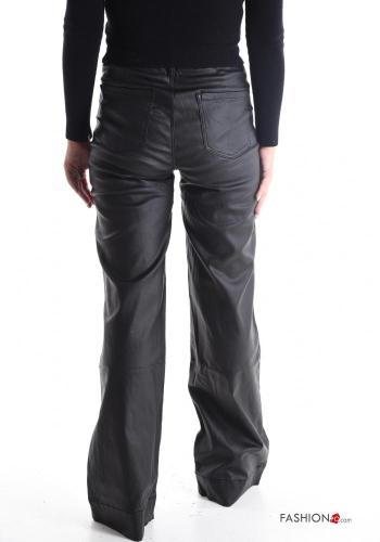 faux leather wide leg Trousers with buttons with zip with pockets - ph 2