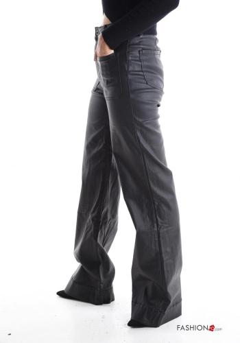 faux leather wide leg Trousers with buttons with zip with pockets - ph 3