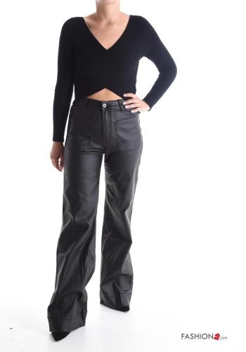 faux leather wide leg Trousers with buttons with zip with pockets - ph 5