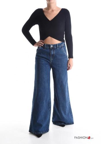 flared wide leg Cotton Jeans with buttons with zip with pockets - ph 5