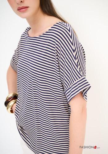 Blouse en Lin manches courtes col rond Imprimé à rayures avec noeud - ph 2