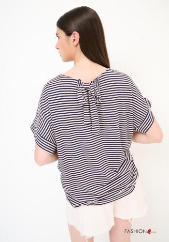 Blouse en Lin manches courtes col rond Imprimé à rayures avec noeud - ph 3