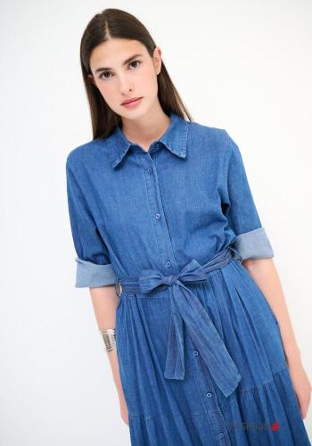 with collar Cotton Shirt dress with flounces with fabric belt with buttons - ph 2