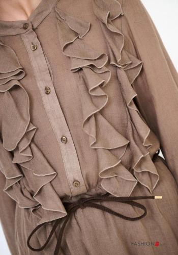 long sleeve crew neck Wool Mix Dress with belt with buttons with flounces - ph 2