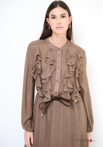 long sleeve crew neck Wool Mix Dress with belt with buttons with flounces - ph 3