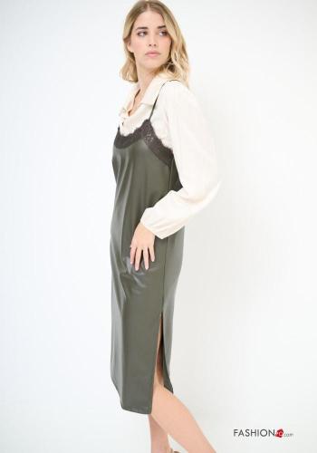 faux leather sleeveless lace trim Dress with split - ph 2