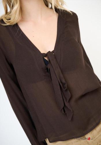 long sleeve Wool Mix Blouse with bow with v-neck - ph 2