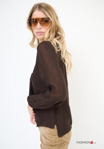 long sleeve Wool Mix Blouse with bow with v-neck - ph 3