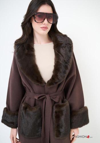 faux fur Coat with belt plunging neckline with pockets - ph 2