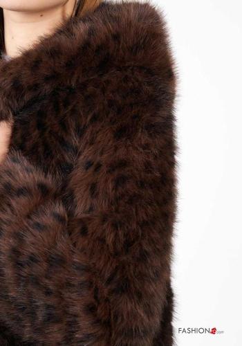 Manteau en Fausse Fourrure manches longues Imprimé animalier à boutons à capuche - ph 3