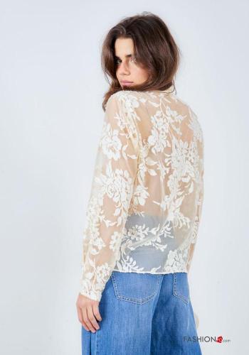 Blusa maniche lunghe Fantasia ricamata con fiocco - ph 4