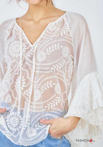Blusa maniche volant Fantasia ricamata a collo alto maniche a tre quarti - ph 2