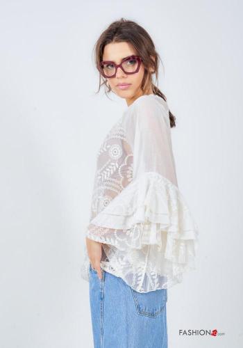 Blusa maniche volant Fantasia ricamata a collo alto maniche a tre quarti - ph 3