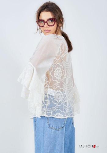 Blusa maniche volant Fantasia ricamata a collo alto maniche a tre quarti - ph 4