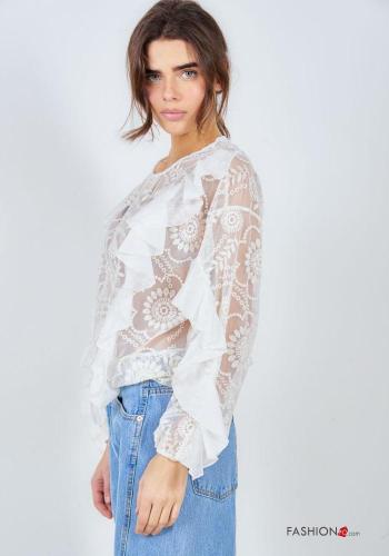 Blusa maniche lunghe girocollo Fantasia ricamata con balze - ph 3