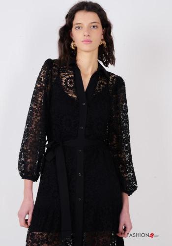 Abito in Cotone con colletto pizzo maniche lunghe Fantasia ricamata con bottoni con cintura in stoffa - ph 2