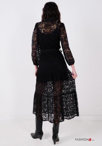 Abito in Cotone con colletto pizzo maniche lunghe Fantasia ricamata con bottoni con cintura in stoffa - ph 4