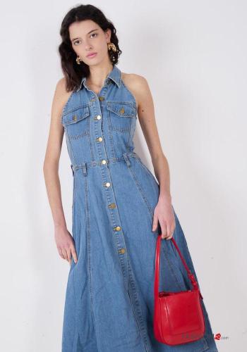 Abito in Cotone con colletto denim senza maniche con bottoni con tasche - ph 2