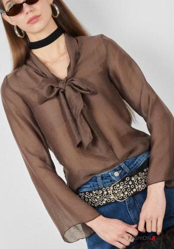 lange ärmel Bluse aus Leinen mit Schleife mit V-Ausschnitt - ph 2