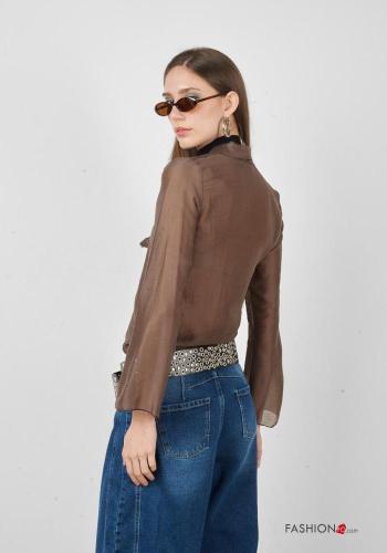 lange ärmel Bluse aus Leinen mit Schleife mit V-Ausschnitt - ph 3