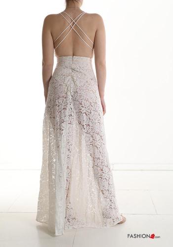 Abito in Cotone scollato sulla schiena lungo pizzo senza maniche Fantasia ricamata scollo profondo scollo a V con zip - ph 2