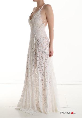 Abito in Cotone scollato sulla schiena lungo pizzo senza maniche Fantasia ricamata scollo profondo scollo a V con zip - ph 3