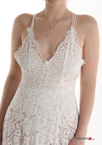 Abito in Cotone scollato sulla schiena lungo pizzo senza maniche Fantasia ricamata scollo profondo scollo a V con zip - ph 4