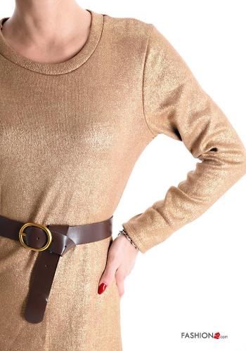 Vestido manga larga cuello redondo De lurex por la rodilla con cinturón - ph 4