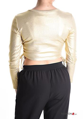 long sleeve crew neck metallic Top with drawstring - ph 2