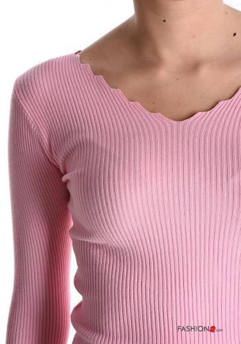 Camisola em jersey canelado manga comprida gola V - ph 3