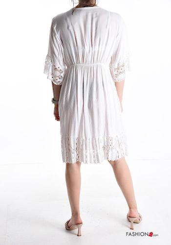 Vestido em Algodão renda manga com folhos pelo joelho gola V manga três quartos decote profundo - ph 2