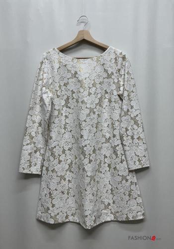 Besticktes Muster Spitze- u-boot ausschnitt rückenfrei lange ärmel Kleid aus Baumwolle mit Schleife - ph 2